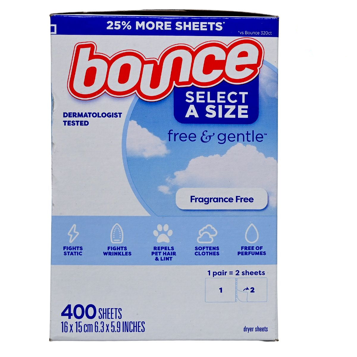 bounce -乾衣機低致敏配方防靜電紙 寵物毛髮防護 [無香型] 400張（超值裝）(平行進口) (01152)