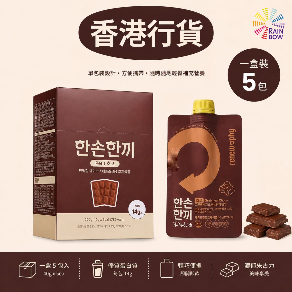 Renew-phy - Grabmeal高蛋白瘦身奶昔 [朱古力味] 40g X 5小包 BBF:2027年10月1日(46987)